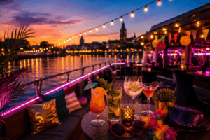 Sfeervolle partyboot op het water tijdens zonsondergang met kleurrijke verlichting, cocktails en feestdecoratie op het dek.